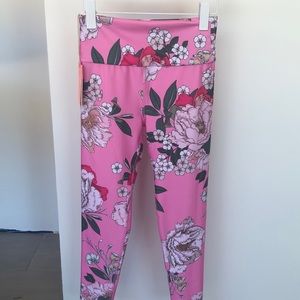 Maaji full length medium compression legging with bright floral pink pattern